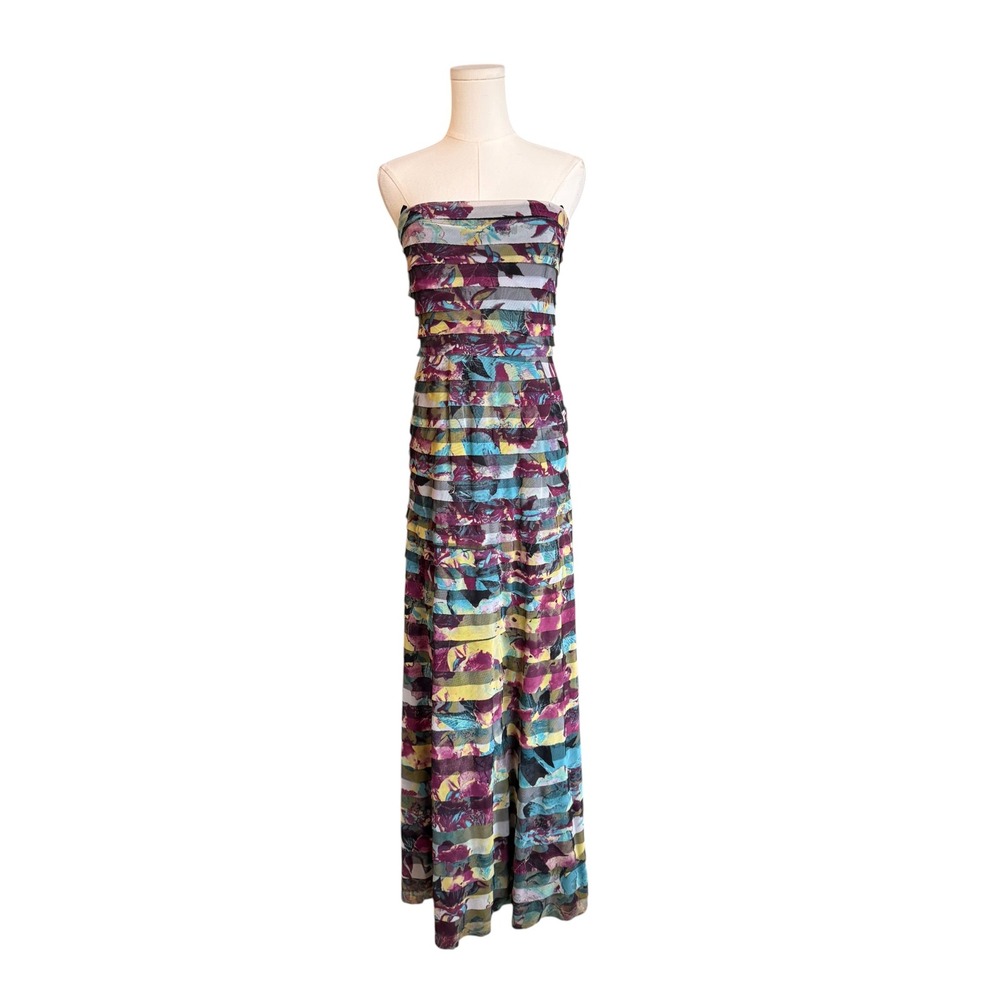 BCBGMAXAZRIA Floral Strapless Maxi Dress Multi Color Pleated Mesh Size 6